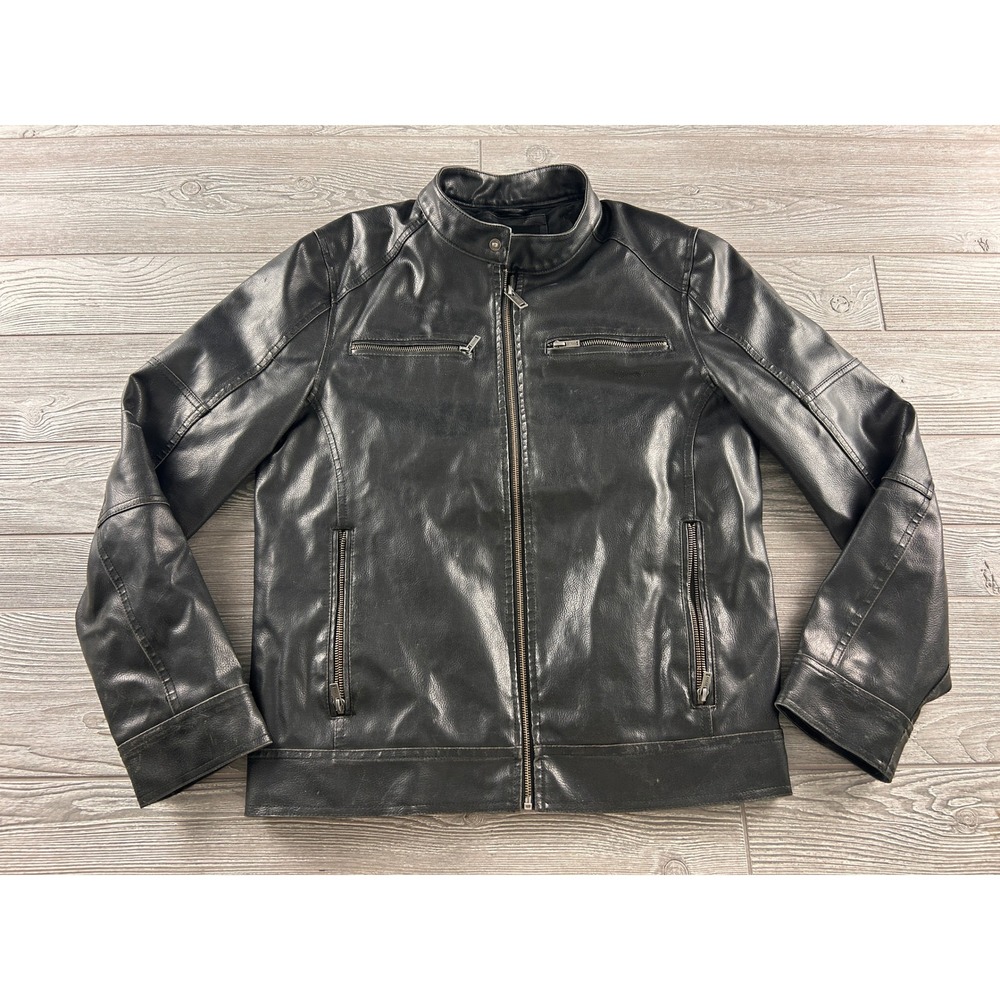 GUESS Mens Faux Leather Racer Jacket Black Size S Quilted Lining Full Zip 674